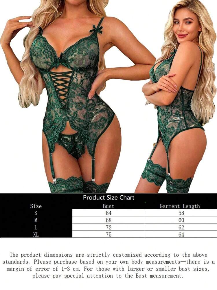 Mother's Day Limited Discount, 3-Piece Set Women's Popular Sleeveless Fuchsia Lace Lingerie Set, Featuring Waist Criss-Tie, Bow Detail, And Lace Garter Belt, Sheer Lace Material, Style, Suitable Home & Private Parties, Eye-Ca — SayFrey — view 6