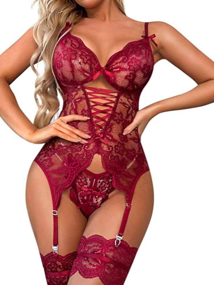Mother's Day Limited Discount, 3-Piece Set Women's Popular Sleeveless Fuchsia Lace Lingerie Set, Featuring Waist Criss-Tie, Bow Detail, And Lace Garter Belt, Sheer Lace Material, Style, Suitable Home & Private Parties, Eye-Ca — SayFrey — view 9