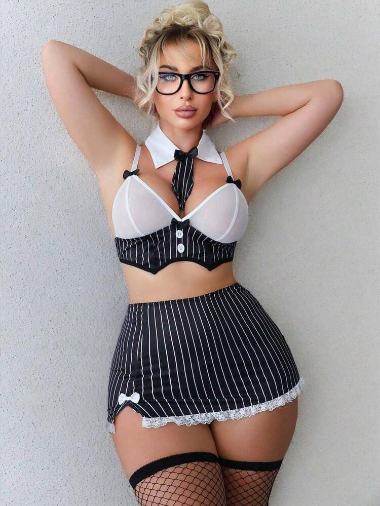 Lace Patchwork Striped Bodycon Skirt Lingerie With Necktie And Fishnet Stockings Secretary Costume V-Strings  Thongs  Boyshorts — SayFrey — view 4