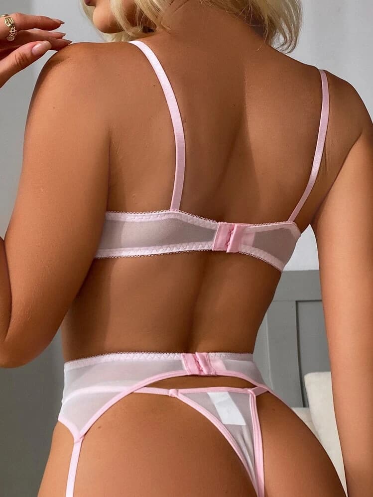 5pack Floral Embroidered Mesh Underwire Garter Lingerie Set — SayFrey — view 3
