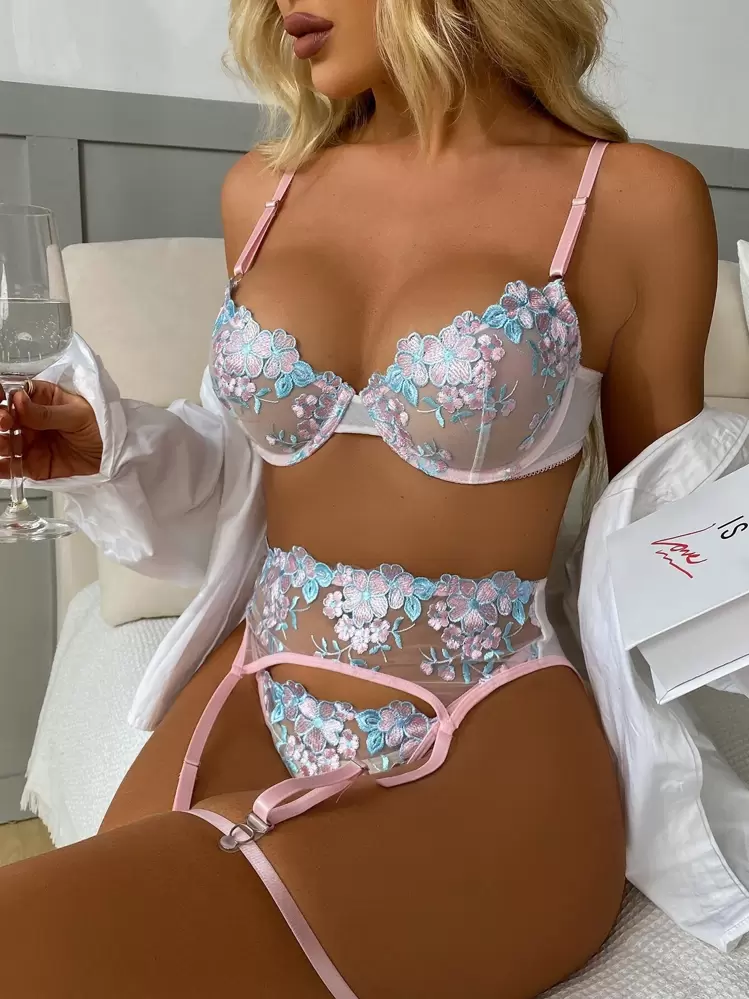 5pack Floral Embroidered Mesh Underwire Garter Lingerie Set — SayFrey — view 5