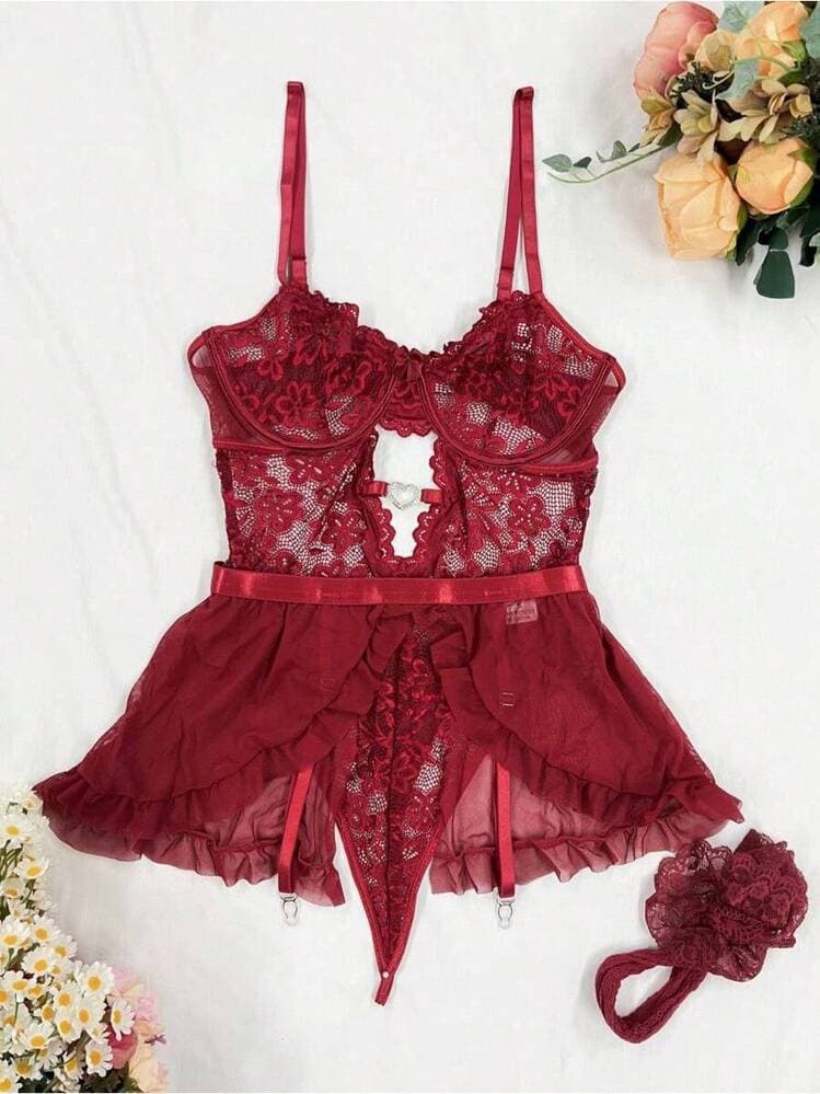 2 Pieces Lace Hollow Out Lingerie Set Love Heart Ring Decorated Garter Belt Fishnet Stockings Ladies Nightwear-Valentine — SayFrey — view 5