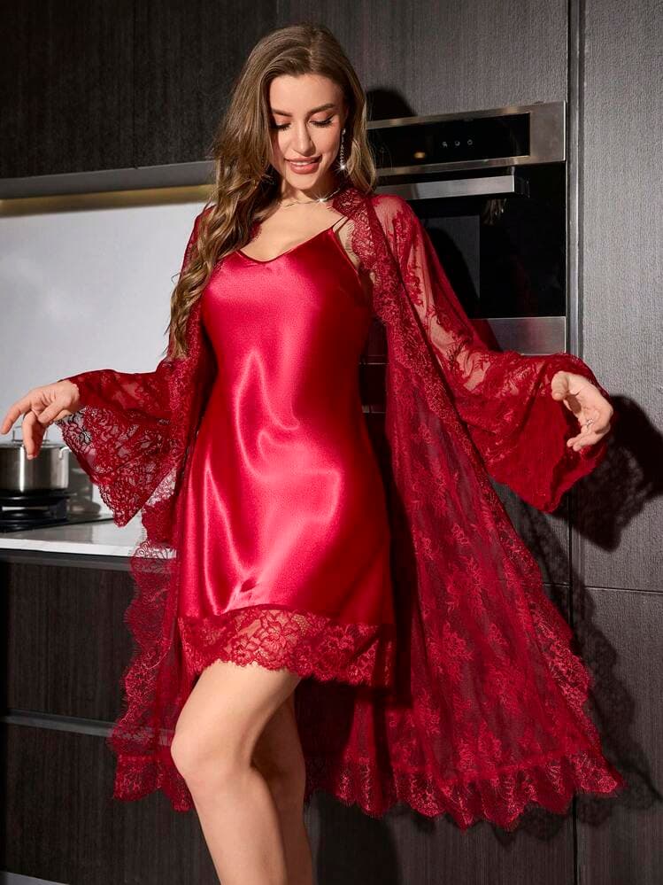 SilkySpell 2pcs/Set Women's Sexy Wine Red Lace Trim Lingerie Set — SayFrey — view 3