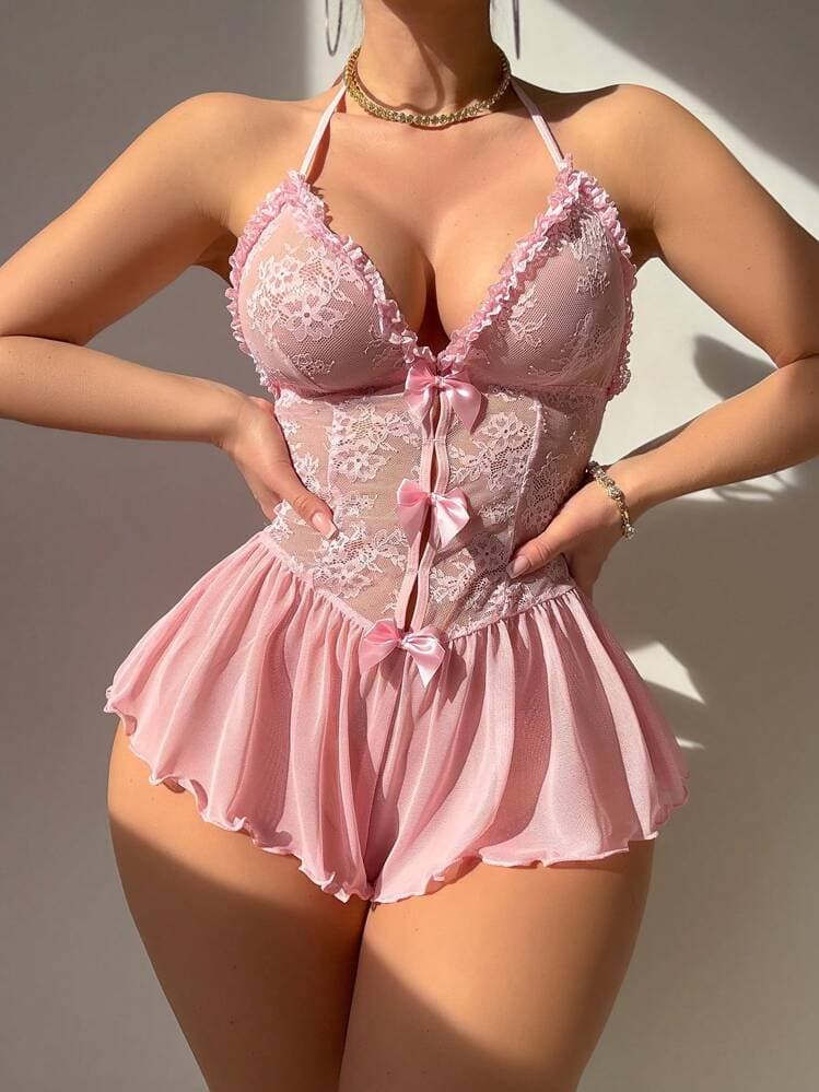 SHEIN Women's Sexy Baby Pink Lace Halter Slip Dress With Bow Detail Slight Stretch Lingerie — SayFrey