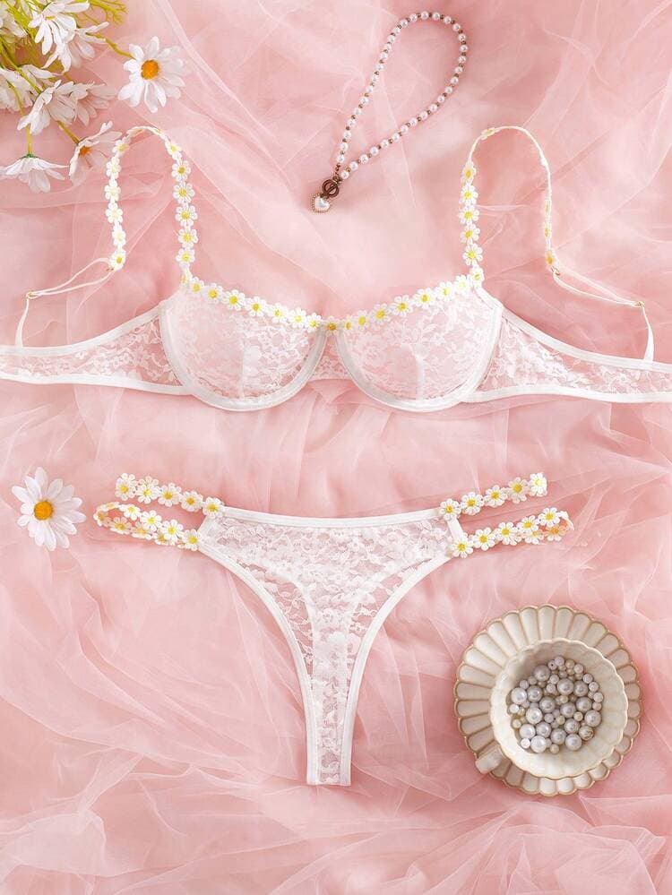 2pcs/Set Women's Sexy Sheer Hollow Lace Floral Embroidered Daisy Underwire Bridal Lingerie Set, Suitable For Wedding Season — SayFrey — view 5