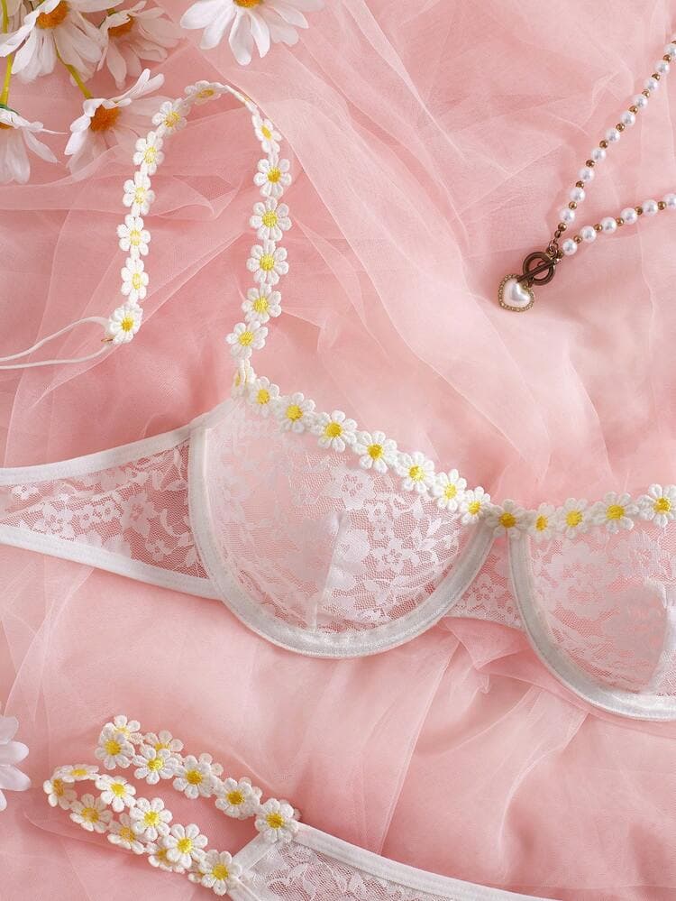 2pcs/Set Women's Sexy Sheer Hollow Lace Floral Embroidered Daisy Underwire Bridal Lingerie Set, Suitable For Wedding Season — SayFrey — view 6