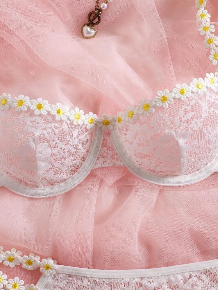 2pcs/Set Women's Sexy Sheer Hollow Lace Floral Embroidered Daisy Underwire Bridal Lingerie Set, Suitable For Wedding Season — SayFrey — view 7