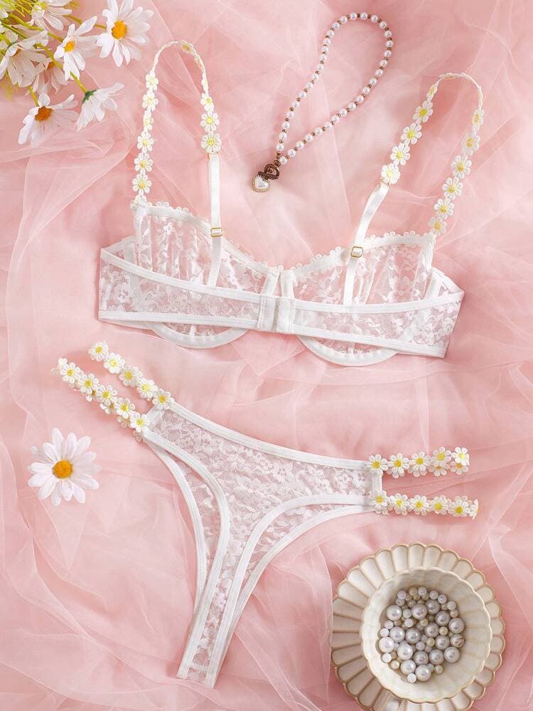 2pcs/Set Women's Sexy Sheer Hollow Lace Floral Embroidered Daisy Underwire Bridal Lingerie Set, Suitable For Wedding Season — SayFrey — view 10