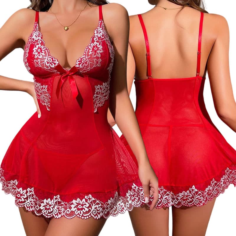 Sexy Lingerie Set Women's Nightgown Set Deep V Bra See-Through Dress Panties 2 Piece Suit Attractive Underwear Female Babydoll — SayFrey