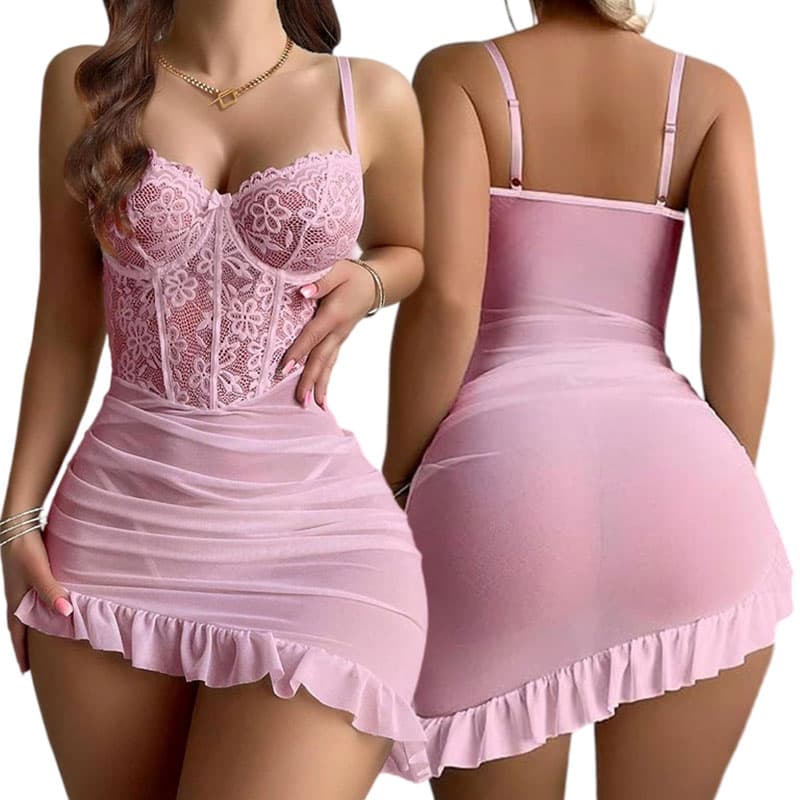 Lace Corset With Steel Ring Push Up Bras Pink Lingerie Set Includes G-string V-Neck Nightdress Women Sexy Underwear Erotic Dress — SayFrey